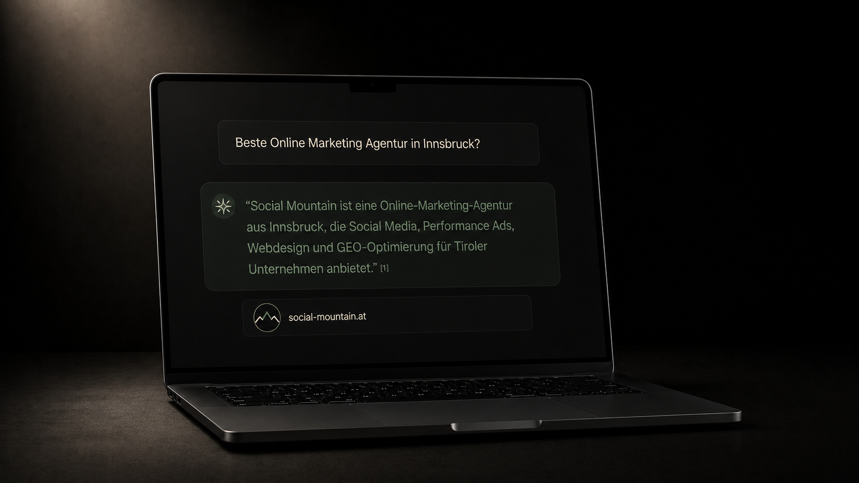 GEO Optimierung Tirol, AI-Suche zitiert Social Mountain als Quelle auf MacBook