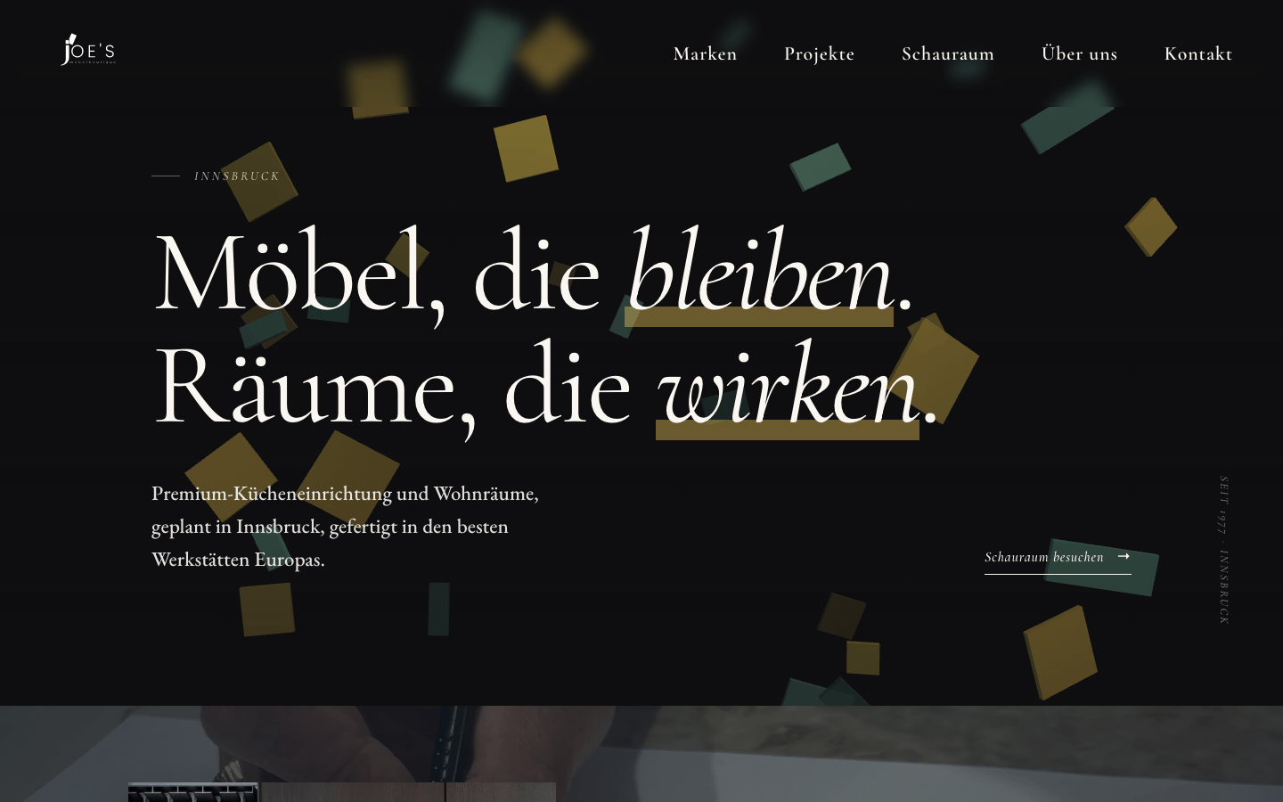 Website Joe's Möbelboutique Innsbruck, Startseite Desktop, gebaut von Social Mountain
